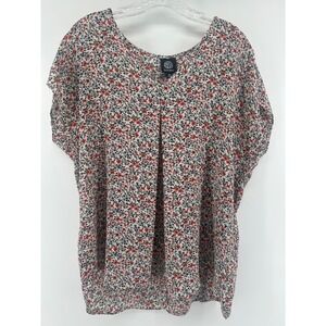Bobeau Womens Floral V-Neck Pleated Front Short Sleeve Blouse Red Blue Size M